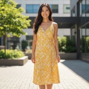 Nine West butter yellow wrap midi dress M adjustable strap resort sundress NWT